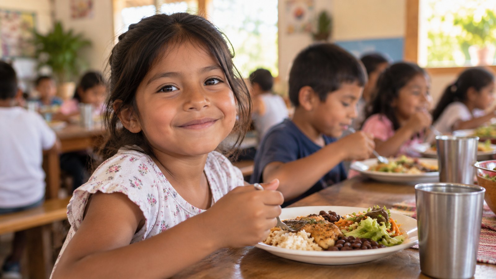 Niña y otros niños compartiendo una comida en el comedor comunitario