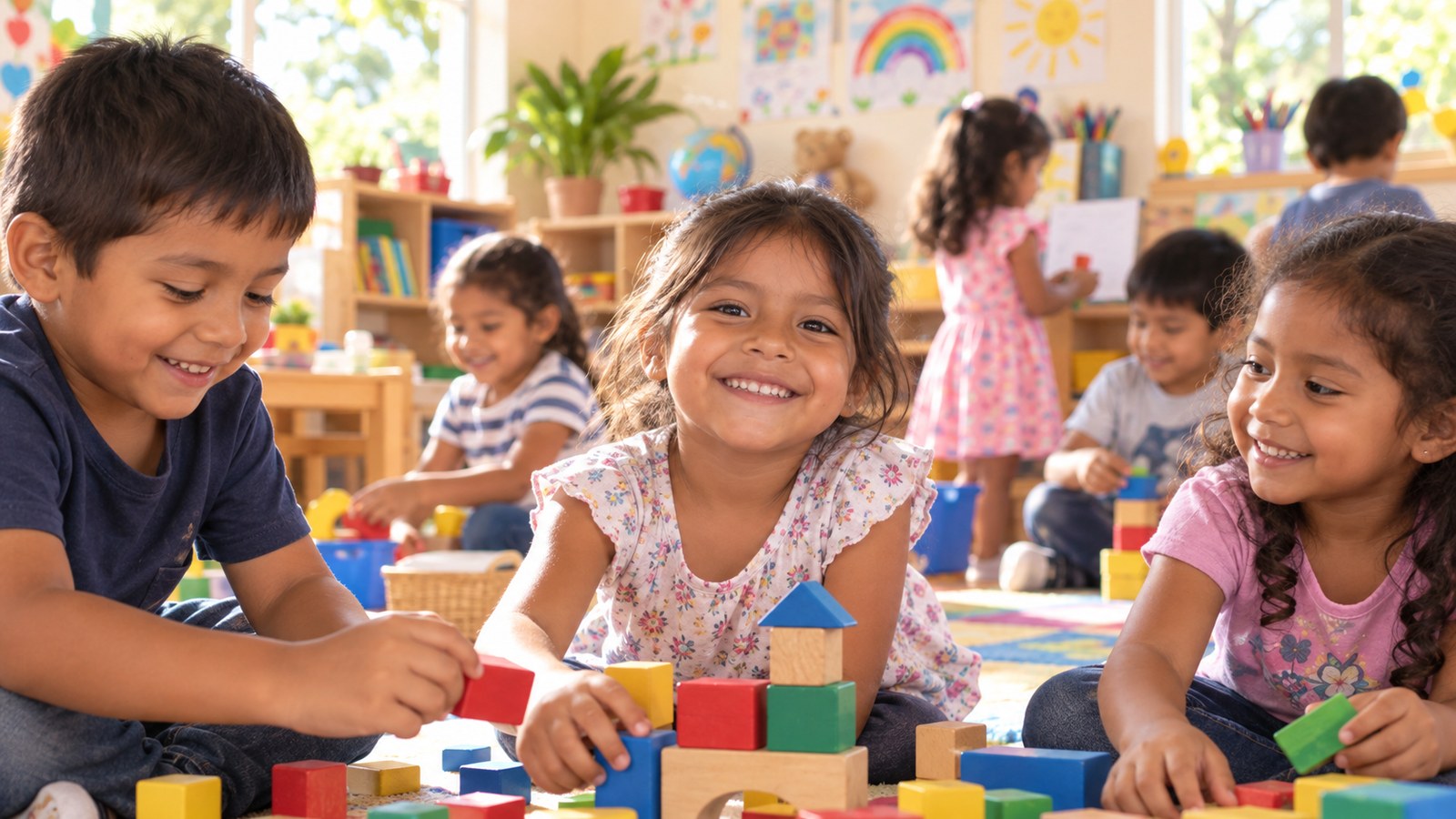 Grupo de niños compartiendo juegos en la guardería